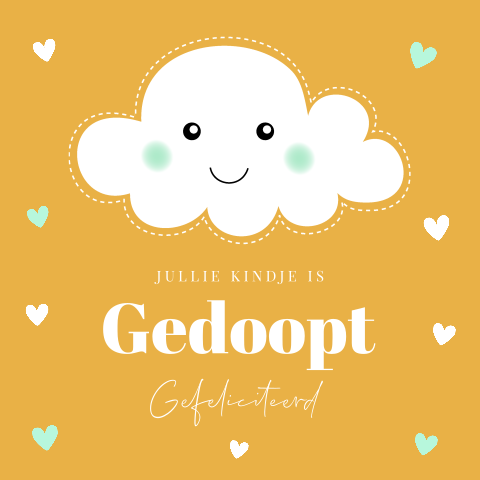 Felicitatie kaart doop jongen wolkje geel hartjes groen