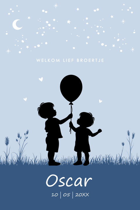 Geboortekaartje met silhouet broertje en grote broer ballon blauw