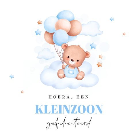 Felicitatie kleinzoon met lief beertje en ballonnen blauw