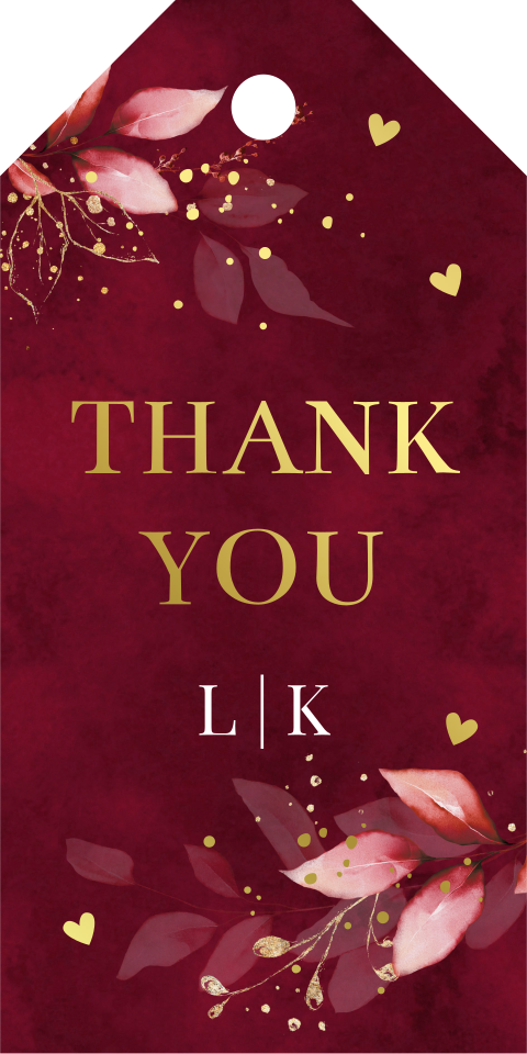 Bruiloft labeltje rood bladeren botanisch goudfolie | 18 stuks