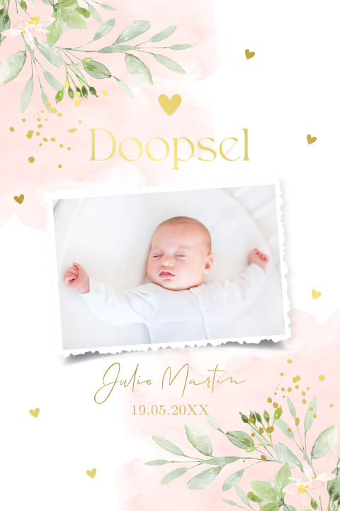 Uitnodiging doopsel meisje foto botanisch goudfolie