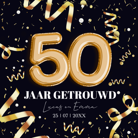 Jubileum uitnodiging 50 jaar getrouwd zwart goud confetti