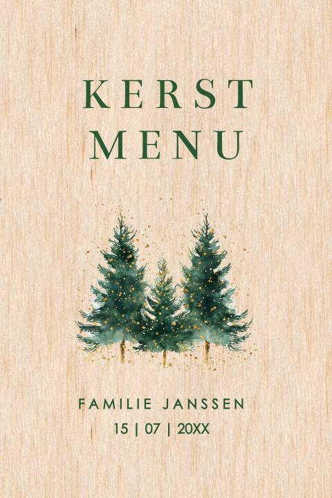 Kerstmenukaart echt hout kerstbomen groen