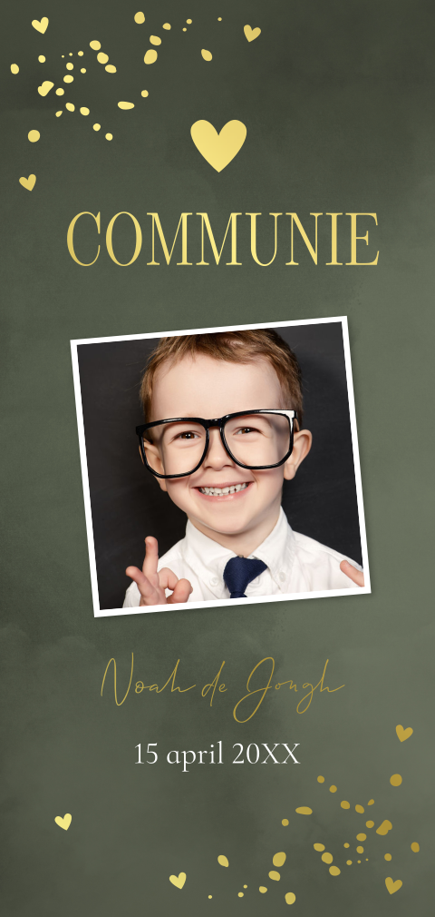 Communie uitnodiging jongen groen langwerpig foto goudfolie