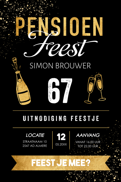 Uitnodiging pensioen zwart typografie goud look champagne