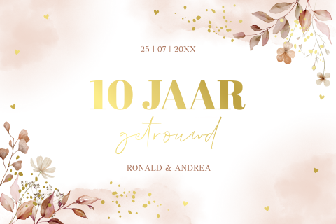 Jubileum uitnodiging 10 jaar getrouwd met foto bloemen goudfolie
