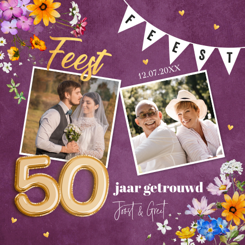 Uitnodiging jubileum huwelijk 50 jaar getrouwd paars foto bloemen