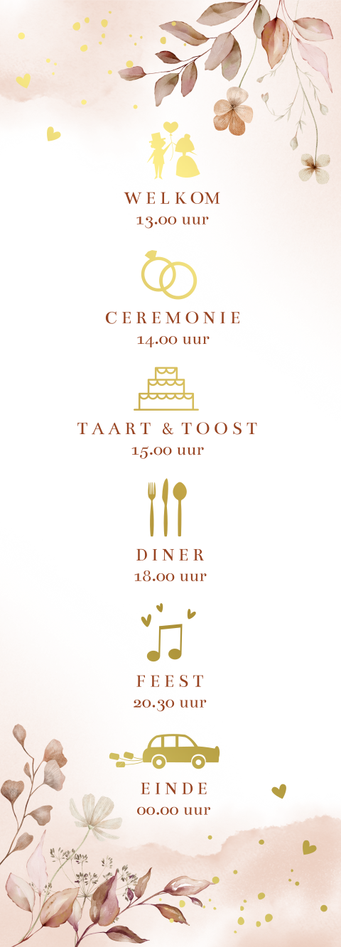 Programmakaartje bruiloft terracotta bloemen goud (per 3 stuks)