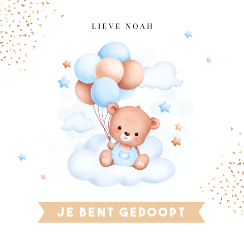 Felicitatie kaart doop jongen beertje ballonnen
