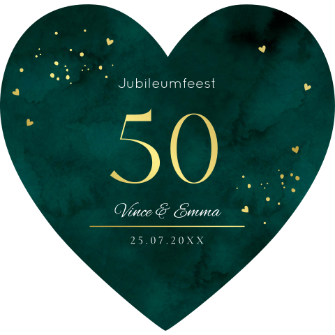 Jubileumkaart vorm hartje groen goudfolie 50 jaar getrouwd