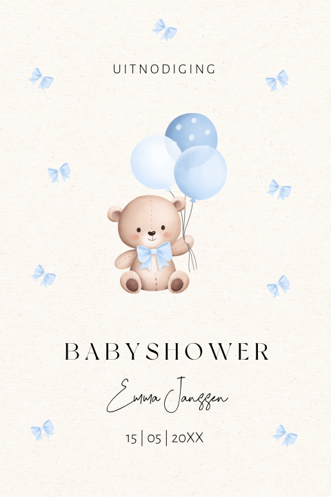 Babyshower uitnodiging blauw beertje ballonnen