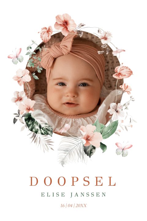 Doop uitnodiging meisje foto bloemen roze boog