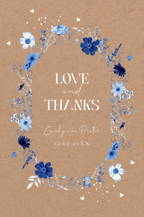 Bedankkaart huwelijk blauw bloemen kraft look