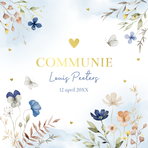 Communie uitnodiging jongen veld bloemen blauw vlinders goudfolie
