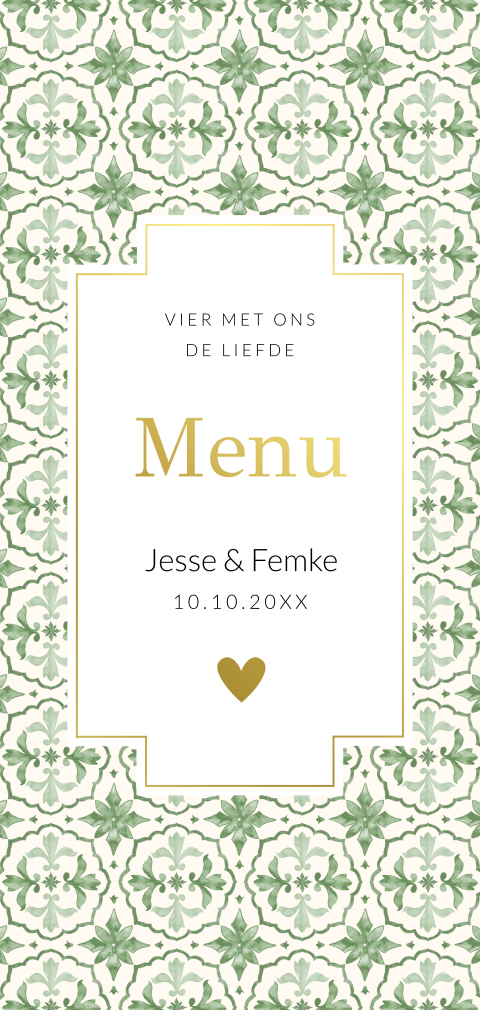 Menukaart huwelijk mediterraans patroon groen goudfolie