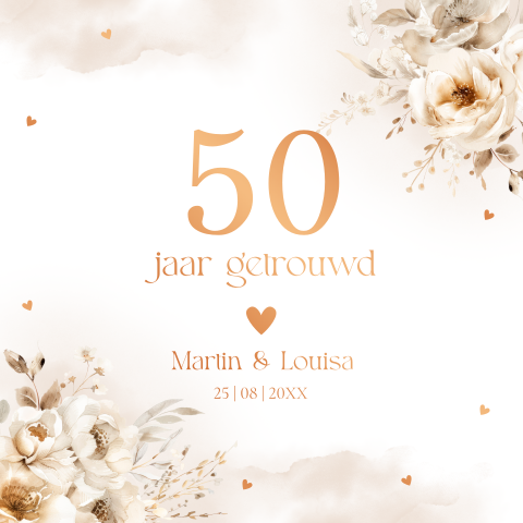 Jubileum uitnodiging 50 jaar getrouwd beige bloemen koperfolie