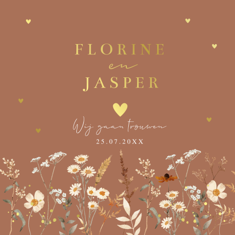Romantische trouwkaart bruin bloemen goudfolie