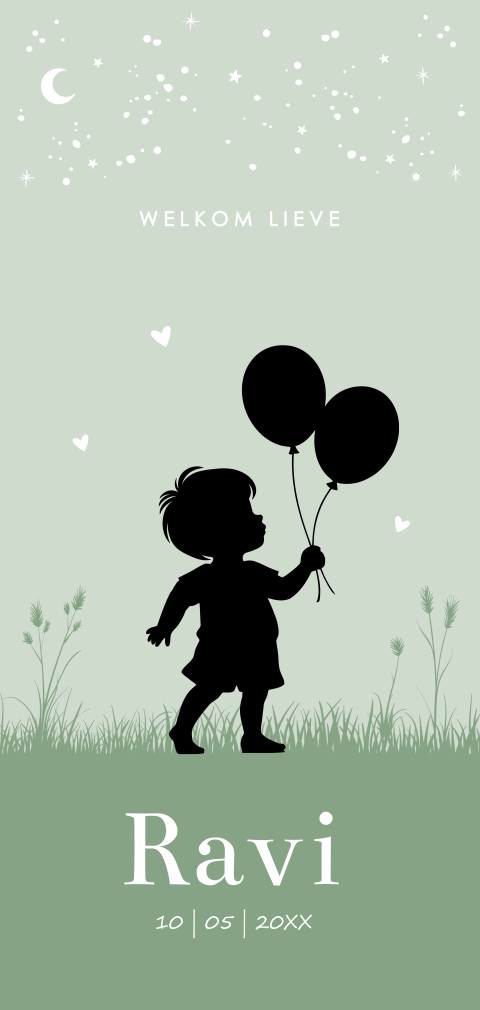 Geboortekaartje jongen silhouet ballonnen groen langwerpig