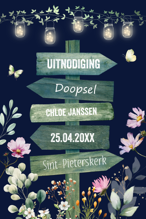 Doopkaart meisje houten wegwijzer lampjes bloemen