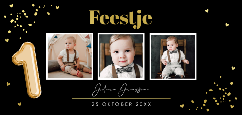 Uitnodiging kinderfeestje zwart goud fotocollage goudfolie 1 jaar