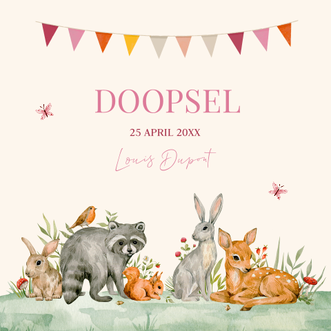 Doopkaart meisje bosdieren slinger