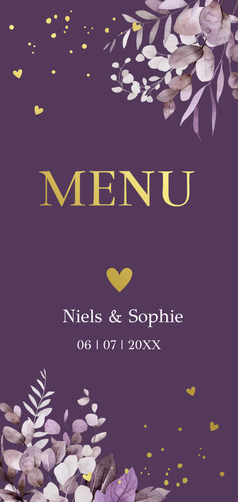 Menukaart langwerpig paars botanisch bladeren goudfolie
