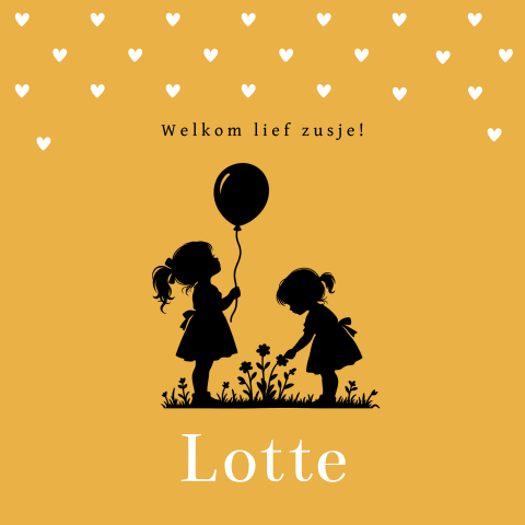 Geboortekaartje silhouet zusje en grote zus en ballon