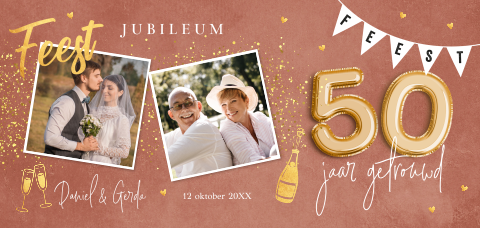 Jubileum uitnodiging 50 jaar getrouwd roze goud foto ballon confetti