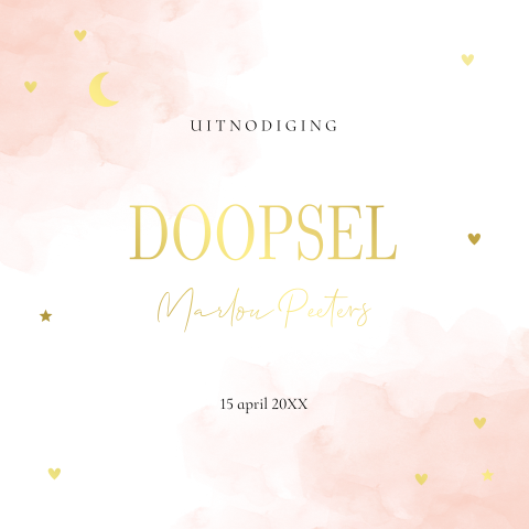 Doopkaart meisje watercolour roze maan sterren goudfolie