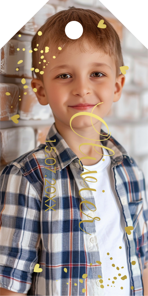 Communie labeltje foto jongen met naam datum goudfolie