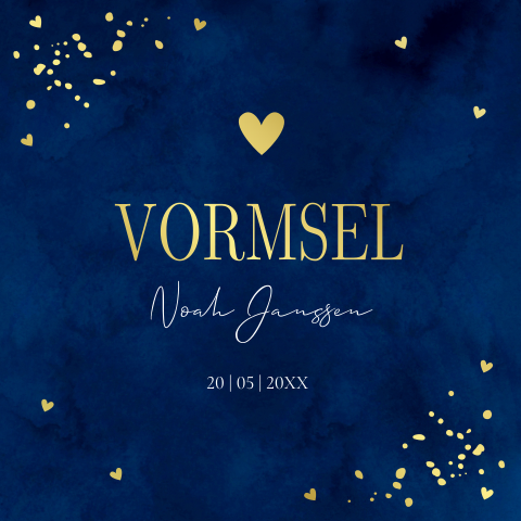 Uitnodiging vormsel jongen donkerblauw goudfolie