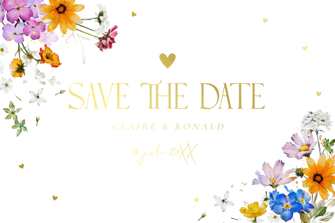 Save the Date kaart zomerse bloemen paars geel goudfolie