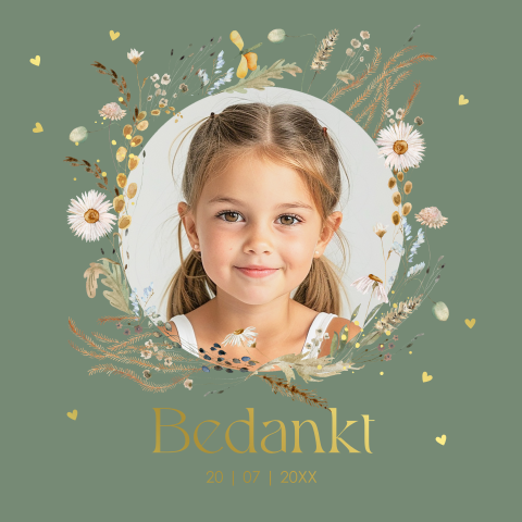 Bedankkaart communie foto groen bloemenkrans goudfolie