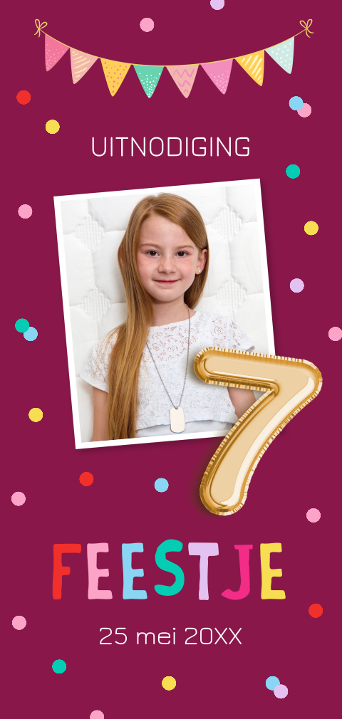 Uitnodiging kinderfeestje meisje 7 jaar foto confetti slinger