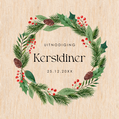 Kerstdiner uitnodiging kerstkrans groen echt hout