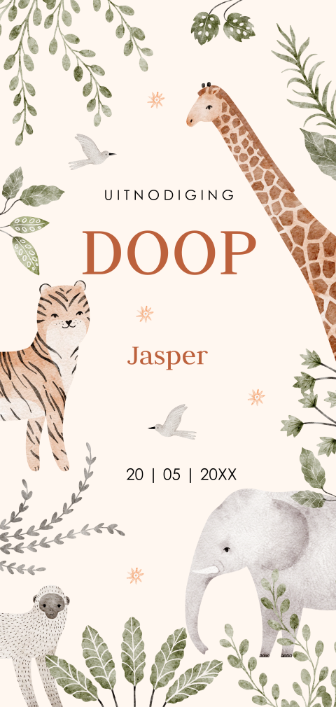 Doopkaart jongen jungle dieren langwerpig