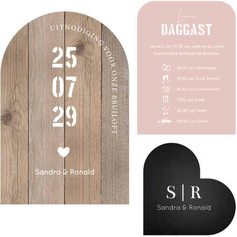 Stijlvolle label trouwkaart houtlook hartje roze | 11.4 × 17.1 cm