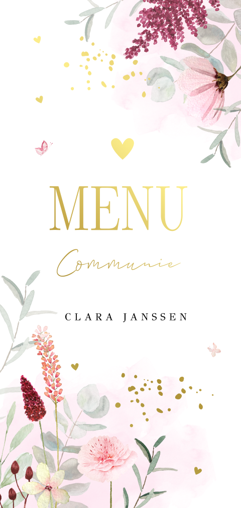 Menukaart meisje langwerpig bloemen goudfolie