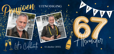 Pensioen uitnodiging met foto blauw goudlook slinger feest