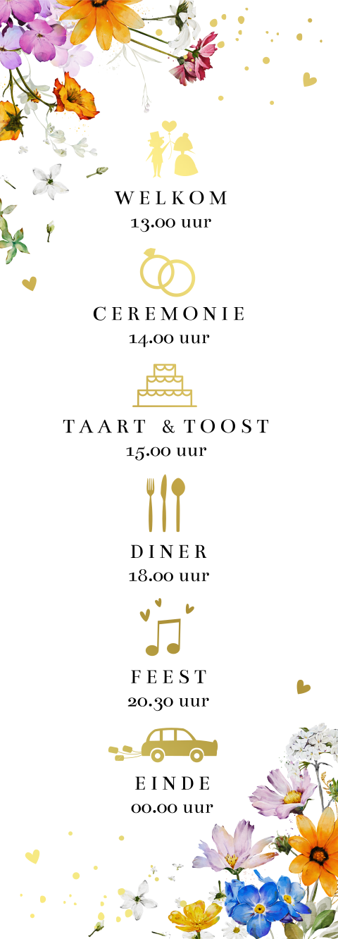 Programmakaartje bruiloft stripvorm bloemen goud symbolen (3 stuks)