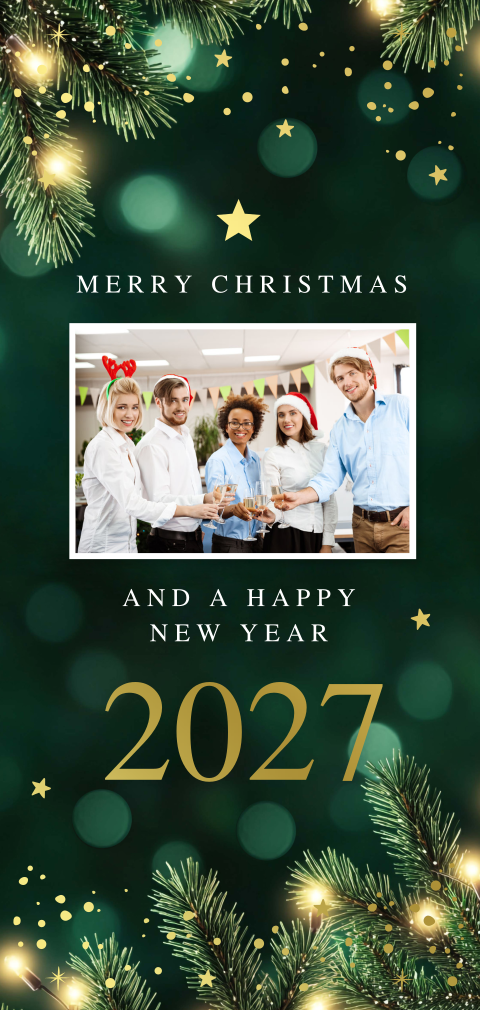 Zakelijke kerstkaart foto groen kersttakjes goudfolie langwerpig 2027