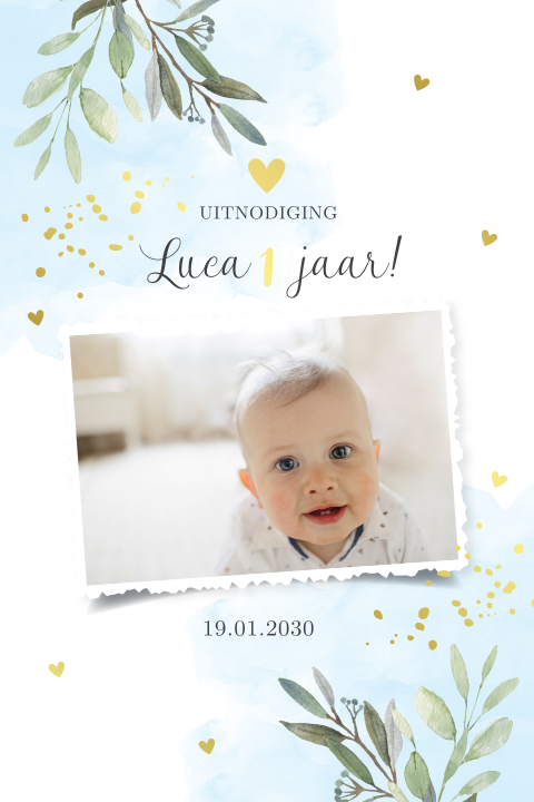 Uitnodiging kinderfeestje jongen foto botanisch goudfolie