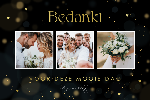 Bedankkaart huwelijk zwart fotocollage goudfolie