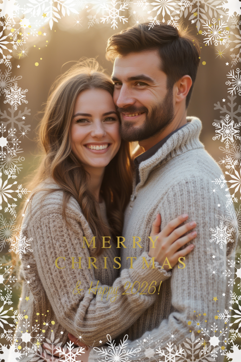 Kerstkaart met foto sneeuwvlokken kader en goudfolie