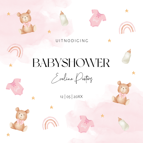 Babyshower uitnodiging baby meisje waterverf roze beertje