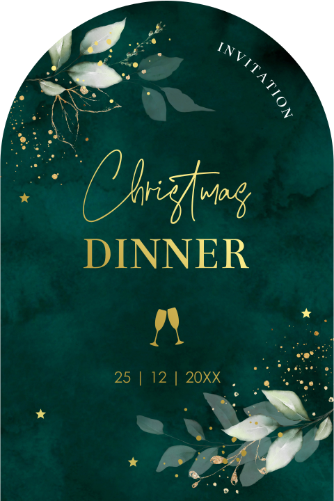 Kerstdiner uitnodiging groen botanisch blaadjes boog vorm goudfolie