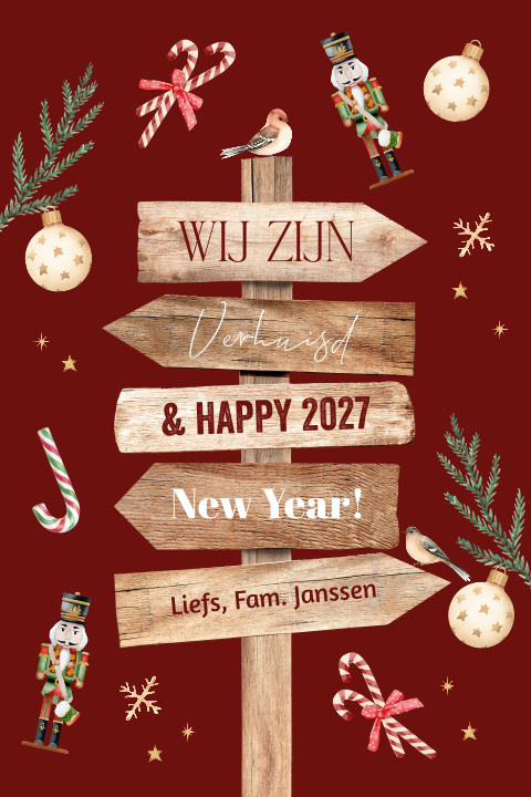 Kerstverhuiskaart wegwijzer met leuke kerstfiguurtjes