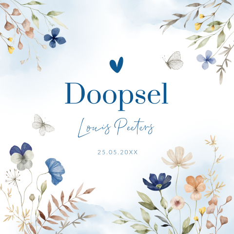 Doop uitnodiging jongen bloemen blauw watercolour