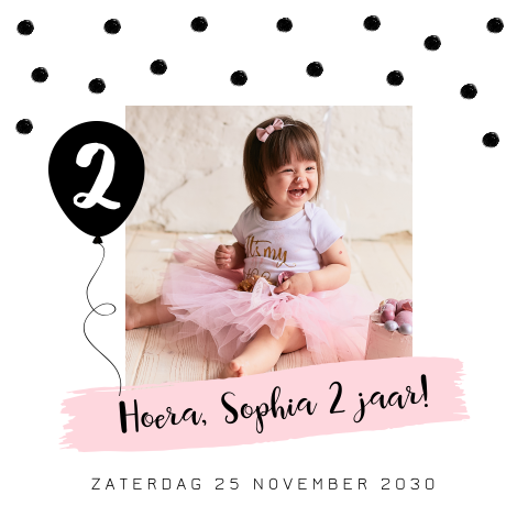 Uitnodiging kinderfeestje foto meisje confetti ballon