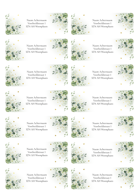 Adresstickers huwelijk groen bladeren goudfolie | 14 stuks 97X34 mm